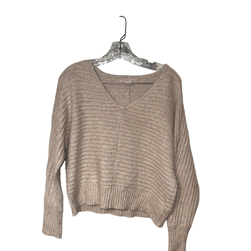 Sincerely Jules V-Neck Knit Sweater Womens Medium Beige Oatmeal Ribbed Pullover